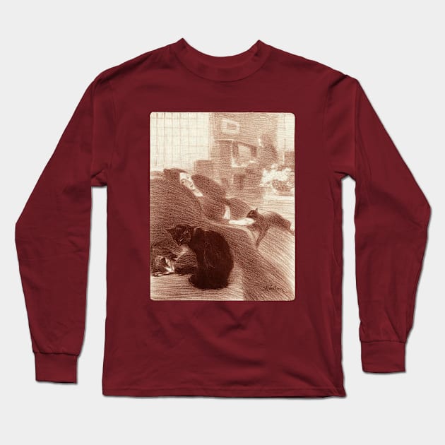 Woman laying on a sofa with her cats Long Sleeve T-Shirt by UndiscoveredWonders